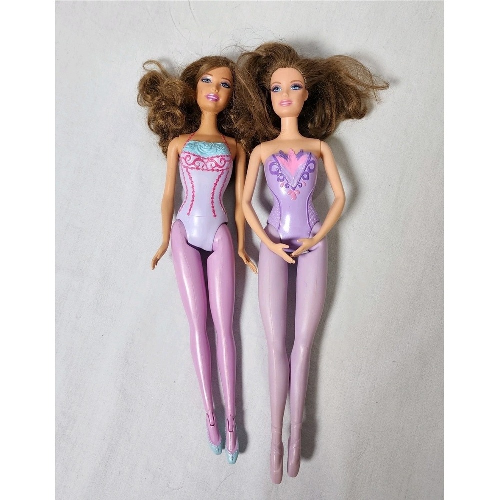Lot of 2 Barbie Ballerina Dolls painted on Clothes Brown hair Mattel